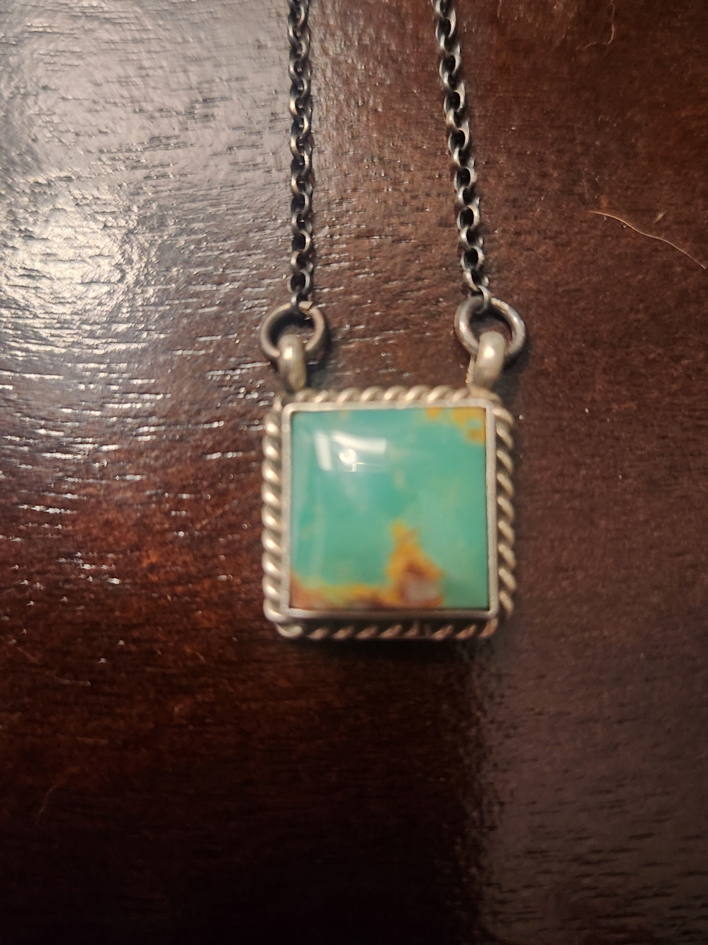 Sterling Silver Royston Turquoise Square Pendant Necklace Signed By The Artist